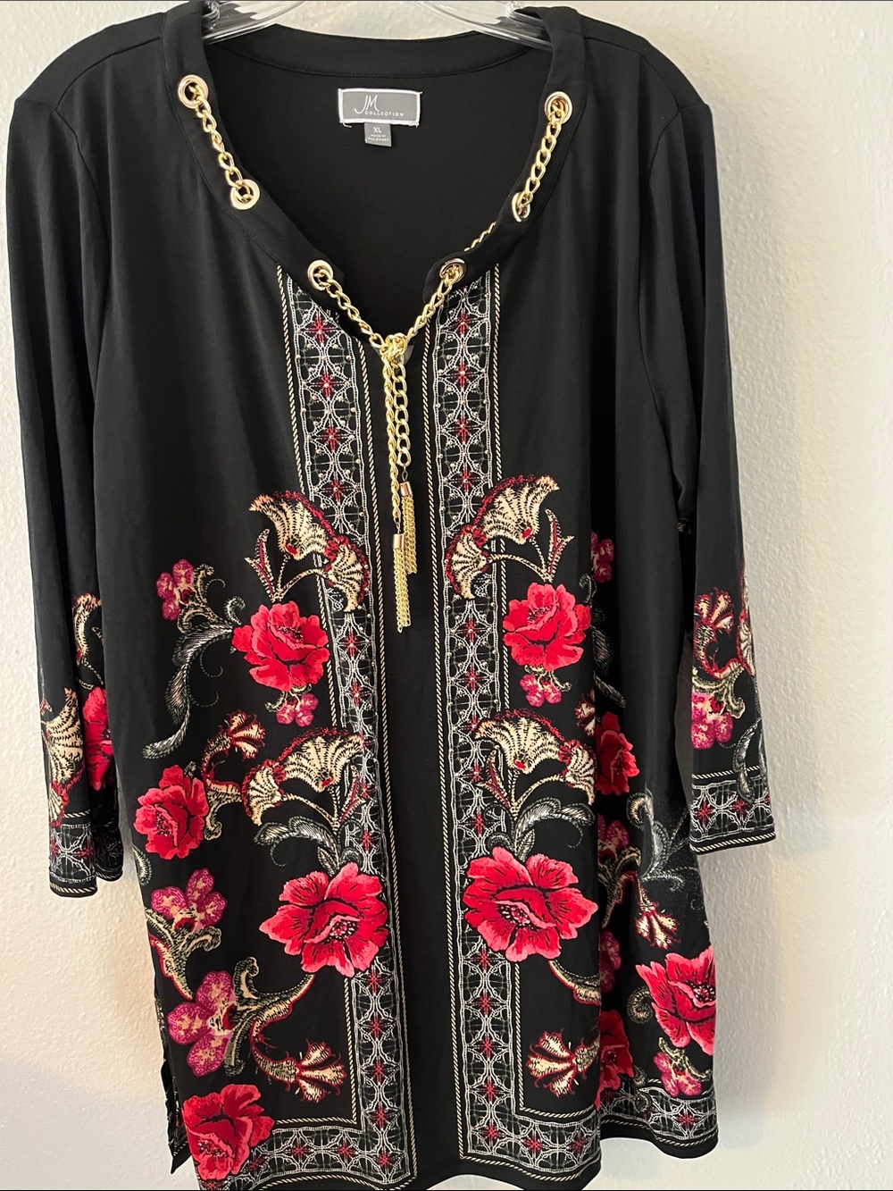 JM Collection Black Tunic with Red Florals and Gold Chain